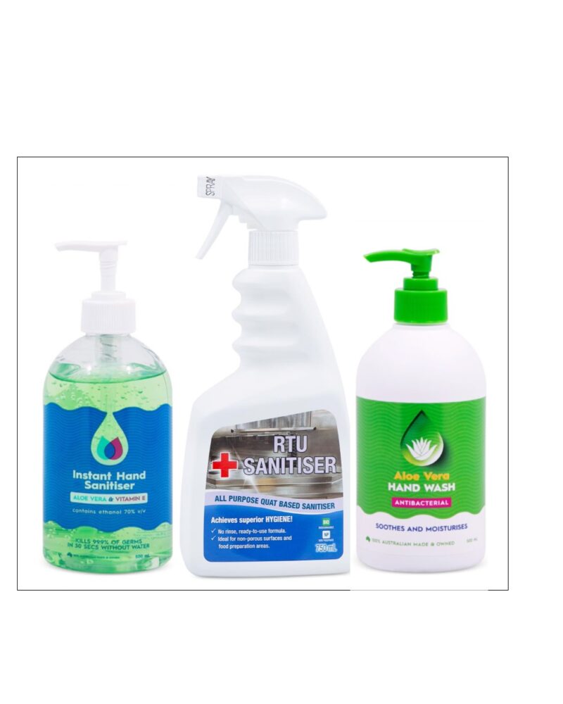 3 in 1 Value Pack – The Germ Killers Hand Sanitiser, Antibacterial Soap & Sanitiser Surface Spray